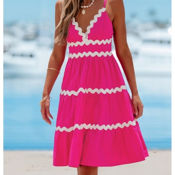 Popvil Hot Pink & White‎ Wavy Stripe Cotton Sun Dress/ Coverup Size Large - Picture 1 of 4